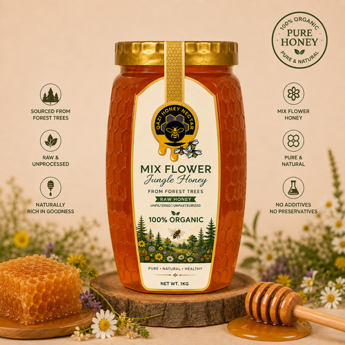 A jar of Mix Flower Jungle Honey from Honey Mecca is displayed on a wooden slice with a honeycomb piece and a wooden honey dipper. The background is a soft beige with decorative wildflowers, and the image includes text callouts highlighting product features like 'Sourced from forest trees' and 'Raw & Unprocessed'.