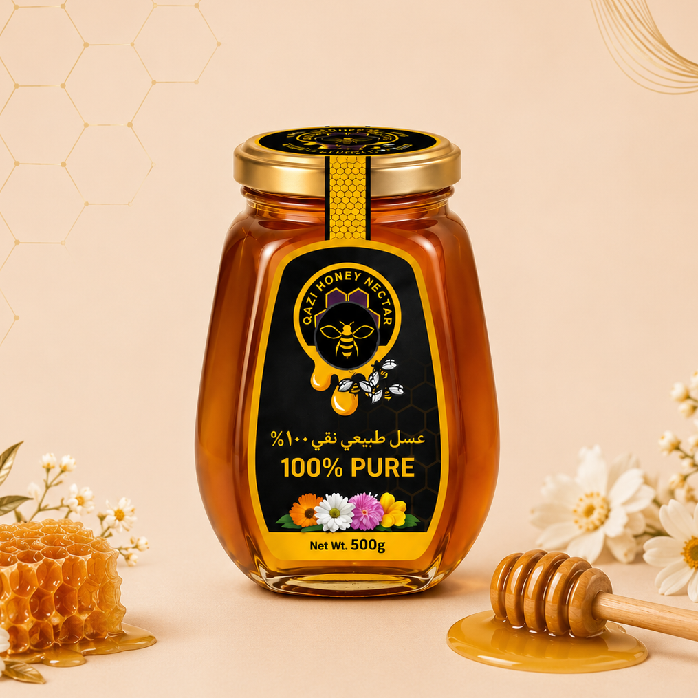A 500g glass jar of 'Gourmet Honey Maker' 100% pure honey, styled on a warm beige background with decorative honeycomb patterns, white daisies, a honeycomb piece, and a wooden honey dipper.