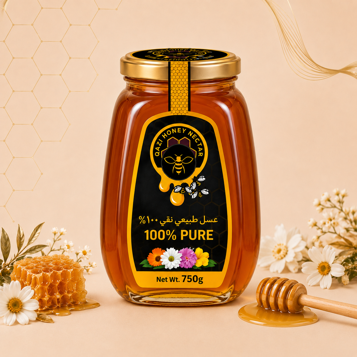 A glass jar of Cashmere Honey centered on a warm beige background, surrounded by decorative flowers, a honeycomb piece, a wooden honey dipper, and honey pooling at the base. The jar has a black label with gold and white text reading '100% PURE' and 'Cashmere Honey Market,' plus a gold lid.