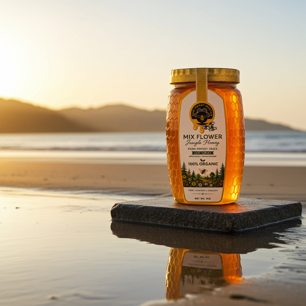 A jar of Mix Flower Raw Unfiltered Honey stands on a dark stone slab at the edge of a beach during sunset. The honey is golden amber, and the background shows a calm shoreline with soft warm light.