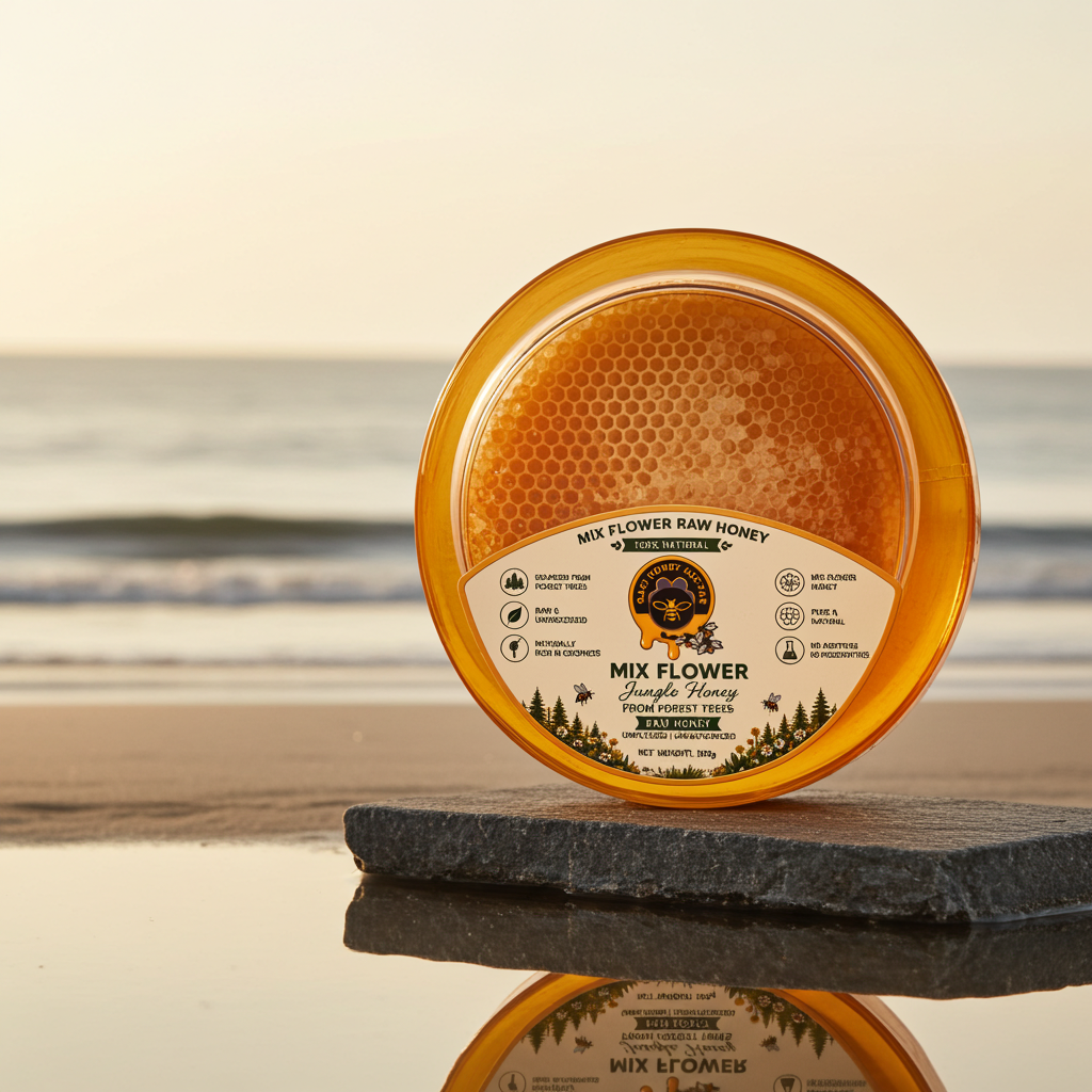 A round jar of Mix Flower Raw Honey with a visible honeycomb piece inside, set on a dark stone slab at the edge of a beach with the ocean and sky in the background.