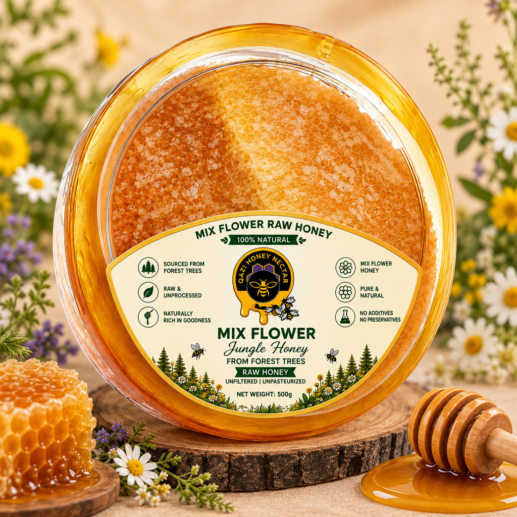 A round jar of Mix Flower Raw Honey from Jungle Trees, filled with golden honey, displayed on a wooden slice with a honeycomb piece, a wooden honey dipper, and wildflowers in the background.